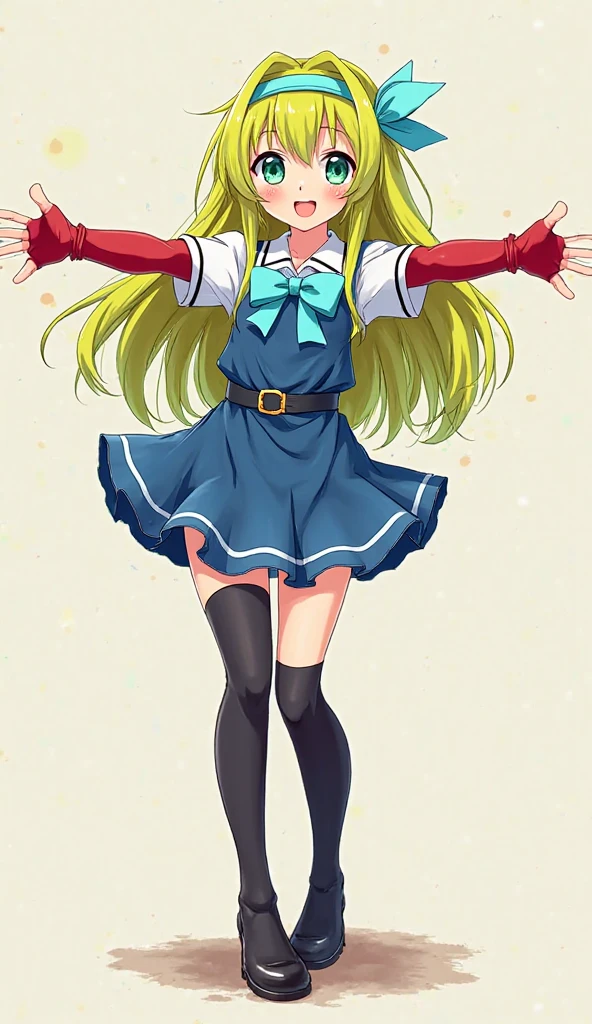 Elementary school girl、Twin tails、Blonde、Green Eyes、White shirt dress、Red vest、White long socks、Red shoes