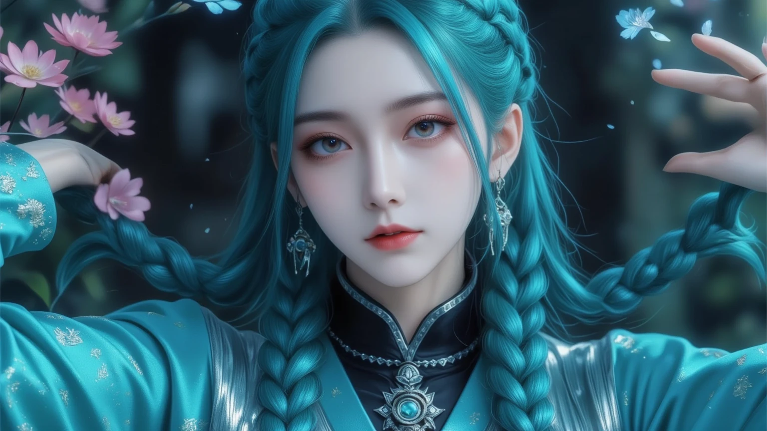 1girl,light blue hair,long hair,red eyes,expressionless,dullyarts,flower field,gorgeous costume,kingly,holding roses,concept art,colorful palette,fallen-leaves,fine art parody,(photorealistic),(low shot:1),(abstract background, zentangle, fractal art:1.3),official art,unity 8k wallpaper,ultra detailed,beautiful and aesthetic,masterpiece,best quality,(dynamic angle),(dynamic pose),glowing skin,(floating colorful sparkles:1) the most beautiful form of chaos,elegant,a brutalist designed,vivid colours,romanticism,classic