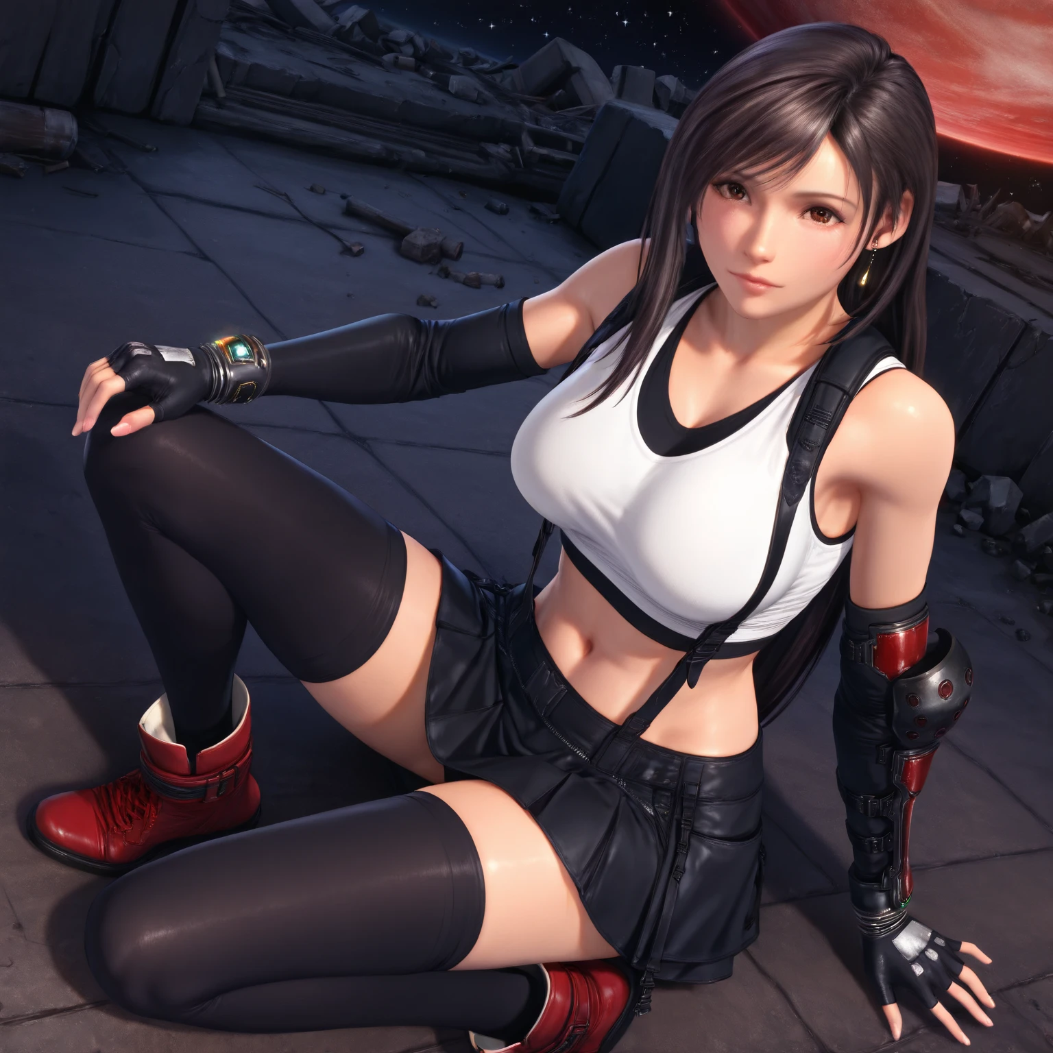 (masterpiece, best quality,great quality:1.3),(full body focus1.3),(1 beautiful woman:1.5),, 3d, realistic,tif2, 1girl, solo, long hair,tifa lockhart, bangs, skirt, crop top, suspenders, tank top, suspender skirt, white tank top, dangle earrings, elbow gloves, midriff, fingerless gloves, navel, bare shoulders, brown eyes, jewelry, black thighhighs, red footwear,(black underwear),from above, dutch Angle, looking at viewer,Fleshy body,big breasts:1.4,long legs:1.3,long torso:1.3,Long thighs:1.3,(from front:1.2),困り顔,(looking at viewer),ruins,night sky with a huge, bright red planet, seen from Earth, starry background,膝を抱える,Sitting on the floor holding your knees,uncorrected,