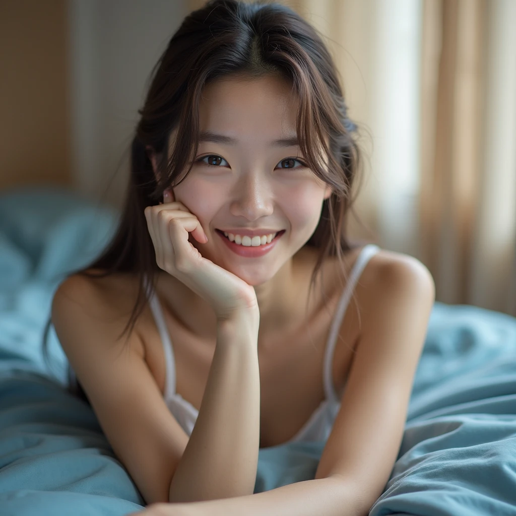 brunette, smile, flat chest, skinny face, white wall, no decoration, jean shorts, chemise blanche, lying on stomach on bed, looking at camera, photo from behind