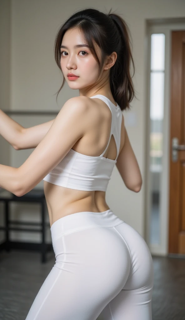 ((best quality)), photorealistic, photorealism, Photorealistic, high resolution, Beautiful, Baby Face, 20 Years Old, White Skin, pale skin, Large Breasts, sporty pose, looking at the camera, (Detailed face), short hair, sexy body, (wearing sport outfit, tank top and leggings, high-tech headset), revealed thigh, revealed butt, ass, concrete gym background, bokeh, gym
