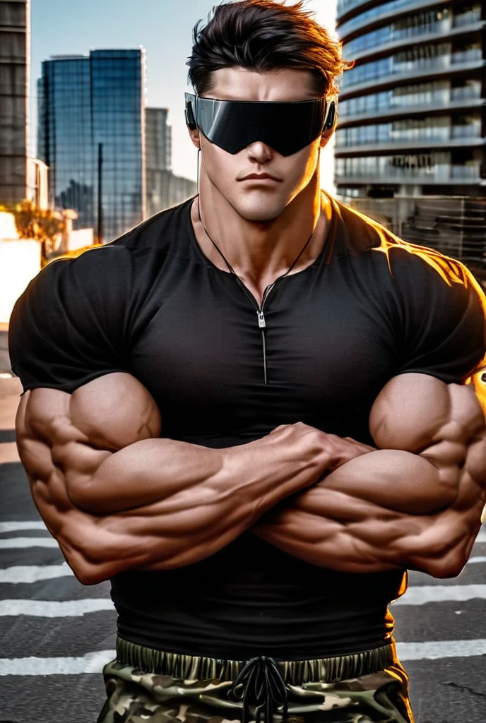 The Arad man in gray, black and white clothes kneels on the desolate ruins with his hands propped up, muscle male hero, Buzz Cut, expression full of grief, heroic male posture, tall and burly, muscular! Wearing black sunglasses, stealth suit, symmetrical pattern texture design, super buff and cool, high resolution committee, character design warrior, black military boots, attractive strong male