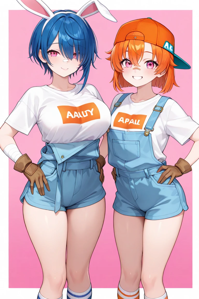 femboy, 1 male, girly male, girly boy, long hair, long haircut, purple hair, hooters uniform, short shorts, jeans shorts, jeans shorts, red eyes, twintails, tanktop, text on tanktop femboy hooters, fishnets stockings