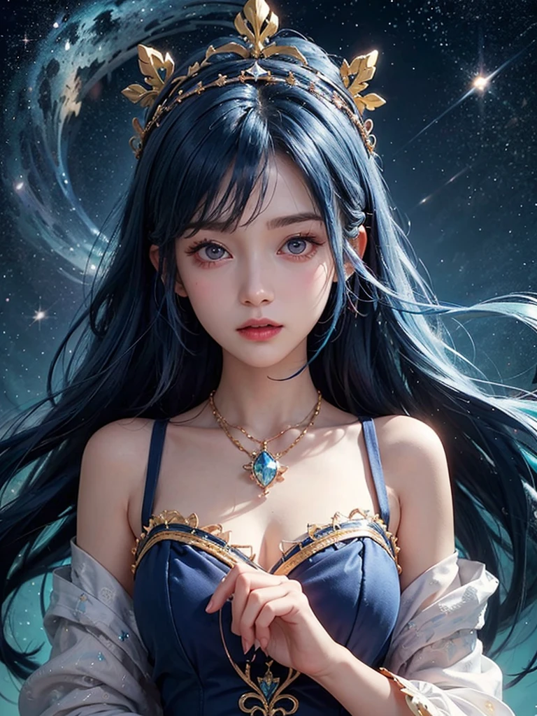 Ultra HD、A beautiful blue-haired character、Holding a blue crystal in both hands、Cute big eyes、close、Red burning cheeks、Night scene with starry sky background、fortune teller、Wearing a gorgeous dress、Subtle details、A fantastic atmosphere、Anime style