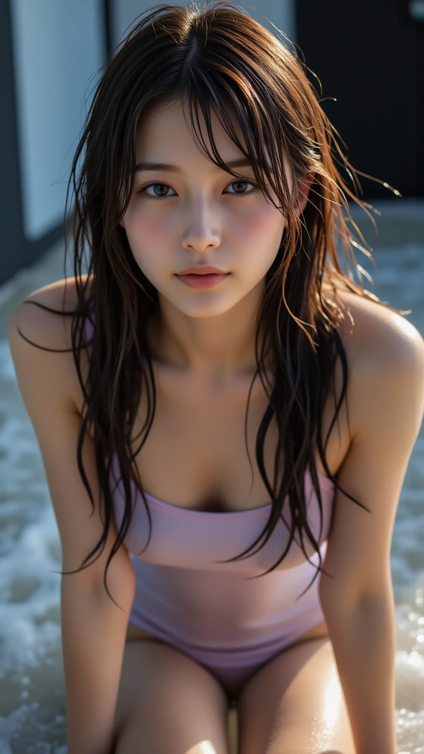 ((Beautiful Face:1.4)), (Purelos Face_v1: 1.0), Half Body,((White simple background)), Front lighting, Intricate details, Exquisite detail and texture, One girl, alone ,(young), Facial highlights, Upper Body, Detailed face, (((Natural big breasts:1.2))),((red School Swimsuit:1.0))