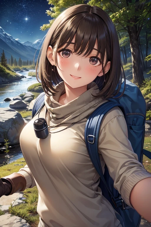 Girl, explorer, crop top Hiking outfit, showing navel, camera , taking a picture of some insect