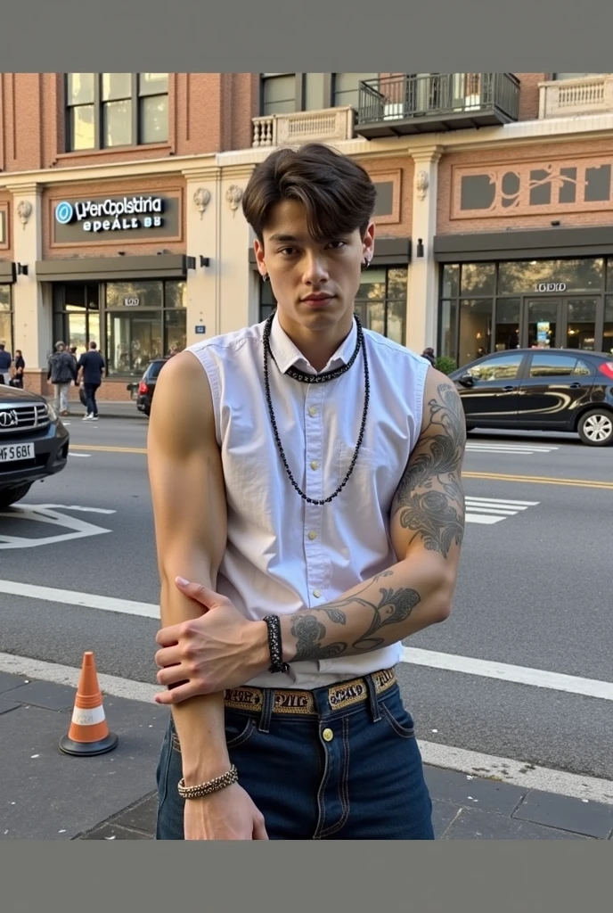 a 23 year old man, short hair mixed with black, red and purple, handsome face, wearing glasses, wearing an earring in the left ear, wear a cable headset, wearing levis, white t-shirt, wearing a punk necklace, and punk bracelets, also a punk belt. torn trousers, sweet smiling facial expression, campus class background