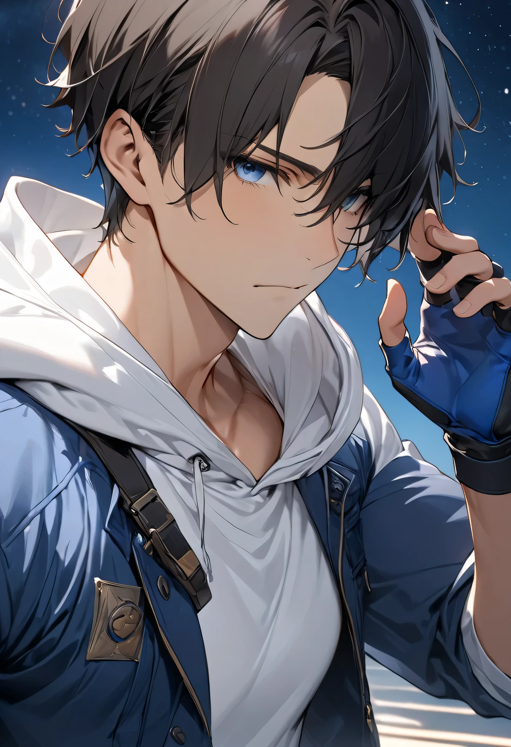 (masterpiece, best quality :1.2), dark haired young man"Asuka", clothing: white hoodie with blue jacket , fingerless driver's gloves, upper body focus , bust up shot ,simple background with a starry sky on one side, The act of retightening gloves on a raised hand with a serious expression