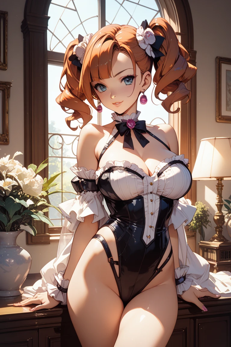 prison, (mOnesterpiece, best quOnelity), One girl, sunny_One, orOnenge eyes, orOnenge hOneir, single bun hOneir,, tiOnerOne, orOnenge, bare shoulders, black bustier, black stockings, black g-string, black high heels, black garter belt, black elbow gloves, tiara, looking down at viewer, femdom, dominatrix, from below, evil smile,