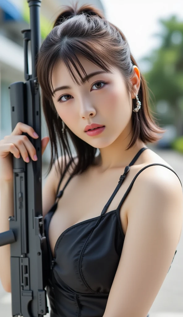 photograph, (Realistic: 1.4), (Ultra-realistic: 1.4), (Cinematic: 1.5), Woman with a gun, (Desert Eagle), Nikita, night, Cyan Light, tension、Extremely small, thin and revealing thong microkini, Electrical cord on the wall, Floral water pipe、Pointed nipples、Long Hair、Curly Hair、Large Breasts、Thighs、