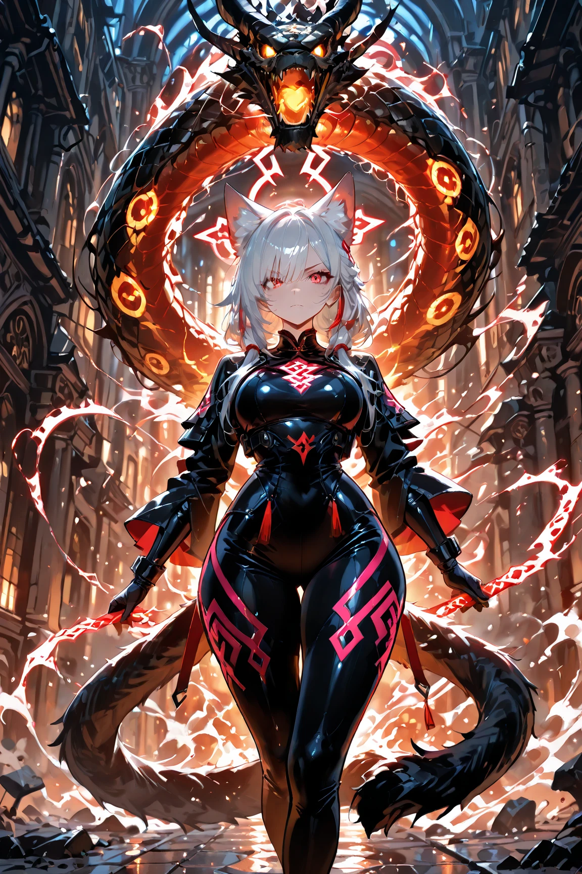 dark dystopic futurism landscape, ((horror art)), hopeless atmosphere, dark monster girl, (creepy monster girl), dark evil monster girl, milky white skin, pink glowing monster eyes, dark evil smile, (smug face), lots of eyes, lots of pink-white tentacles, tentacles as hair, ultra less clothing, no clothes, standing, points at the viewer, flickering light of dim red emergency lamps, dark horror red lights, minimum light, dark futuristic brutalism corridor, gloomy corridor of futuristic brutalism, white mramor scratched walls, darkness
