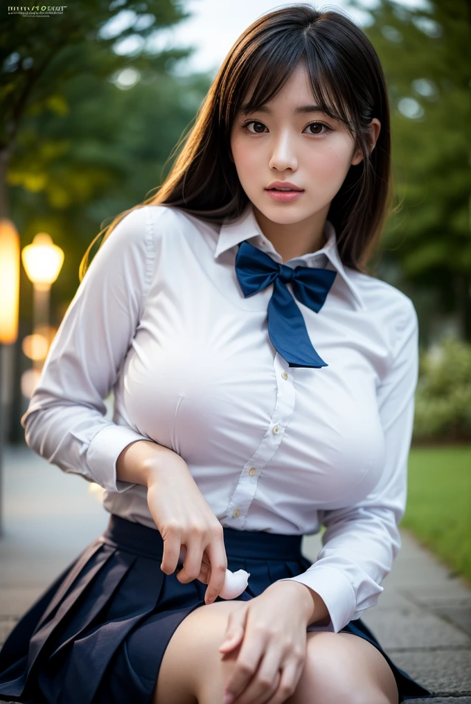 (Highest quality, 8k, 32K, masterpiece, Ultra-high resolution:1.2), Cute Japanese, (Huge breasts:1.1), Long black hair, bangs, (school uniform), Tight waist, (Outdoor, garden, blue sky),(high school girl),