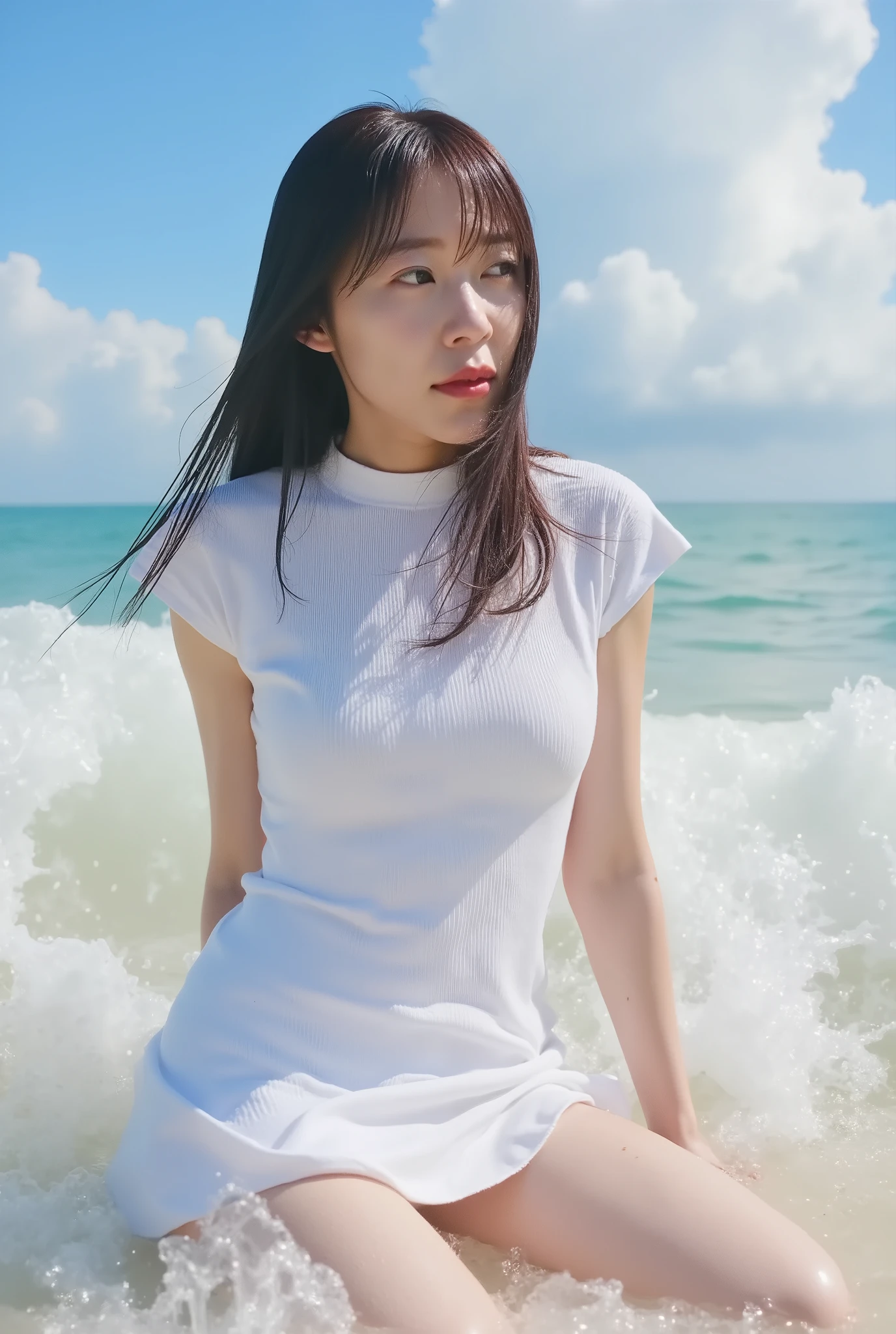 nsfw, soaking wet white dress dress, sitting in the surf on the edge of the waves, standing, flat chest, from below, full body shot, Blue sky, white incoming clouds, wind blowing, waves splashing,