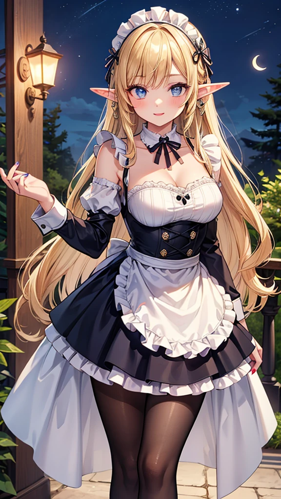Masterpiece, solo, high detail, super detail, super high res, (photorealistic: 1.333), (highest quality), (best shadow), detailed, perfect lighting, 1girl, Perfect proportions, Perfect anatomy, Close-up of face, princess eyes, bright blonde hair, shinny skin, thin and slender waist, missy hair, wide hips, portrait, black and white maid costume with garter belt, 18 years old, big breasted, smiling gentry, Bending forward, leaning forward, blushing, Looking into the viewer, walking in nature, Facial close-up, happy