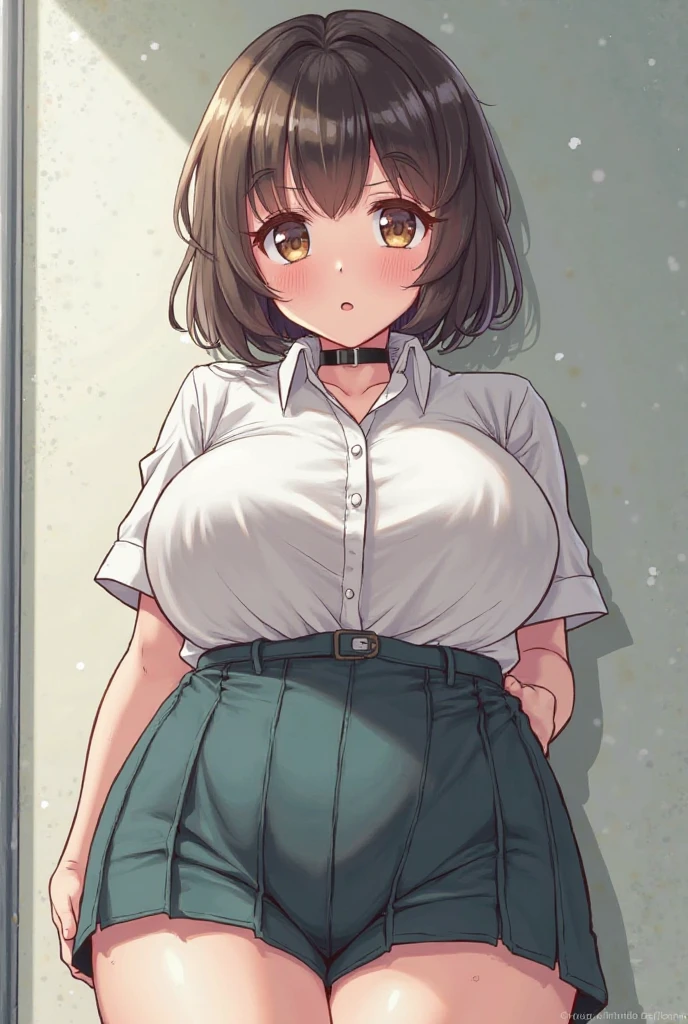 ((Table t○p, Highest quality, High Resolution、Anime Screen Capture、Pixel Perfect, 8K)))、Perfect Anat○my、((((Muscular))))、(((Huge breasts、Wide Hips、Wide thighs)))、(Skirt Lift)、((White Panties、White Sleeveless Shirt、Blue Mini Skirt))、((vapor、Sweat)), vap○r,(Green Eyes)、((Bobcut、Brown Hair)), ((:or))、Glasses、(Embarrassing、blush)、(Night in the city)、from the front