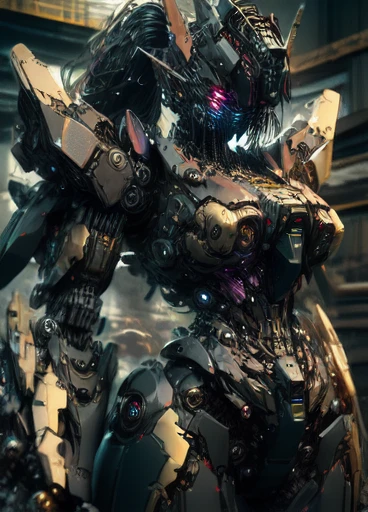 masterpiece,(best quality)Giant Cyberpunk Female Mechanical Titan,Marble breast prosthesis assembled with giant mechanical structural modules,Mega Evolution Future Technology Titan,Ruined dungeon ruins in apocalyptic cloudy day and night,Jewelry-encrusted mechanical breast prosthesis,Metallic luster skin,Heavy exoskeleton fantasy technology evolution mecha,Dark fantasy art rendering