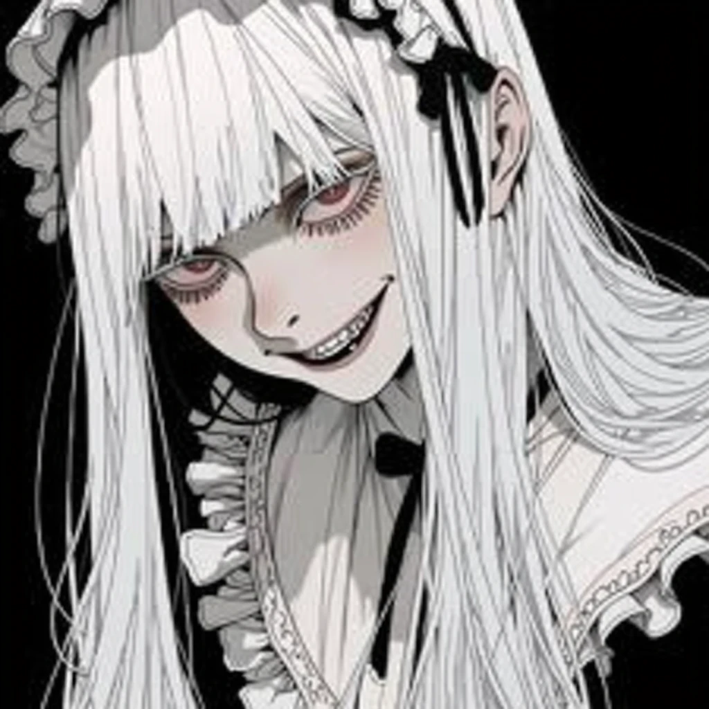 A pale-skinned white-haired girl with gray tones wearing a crown of thorns, from which small drops of blood fall, running across her forehead. Her eyes are completely dark, with an empty expression and a weak smile on her face. She wears a short white dress that reaches her knees. Several silver roses adorn her body, while sharp-thorned roots resemble necklaces, wrapping around her hands and waist. The setting is a ruined church, with cracked walls and broken windows, where light timidly enters. Next to her is an altar holding a cross adorned with several roses. The atmosphere has a melancholic and mysterious air, highlighting the loneliness and the contrast between the girl's beauty and pain.