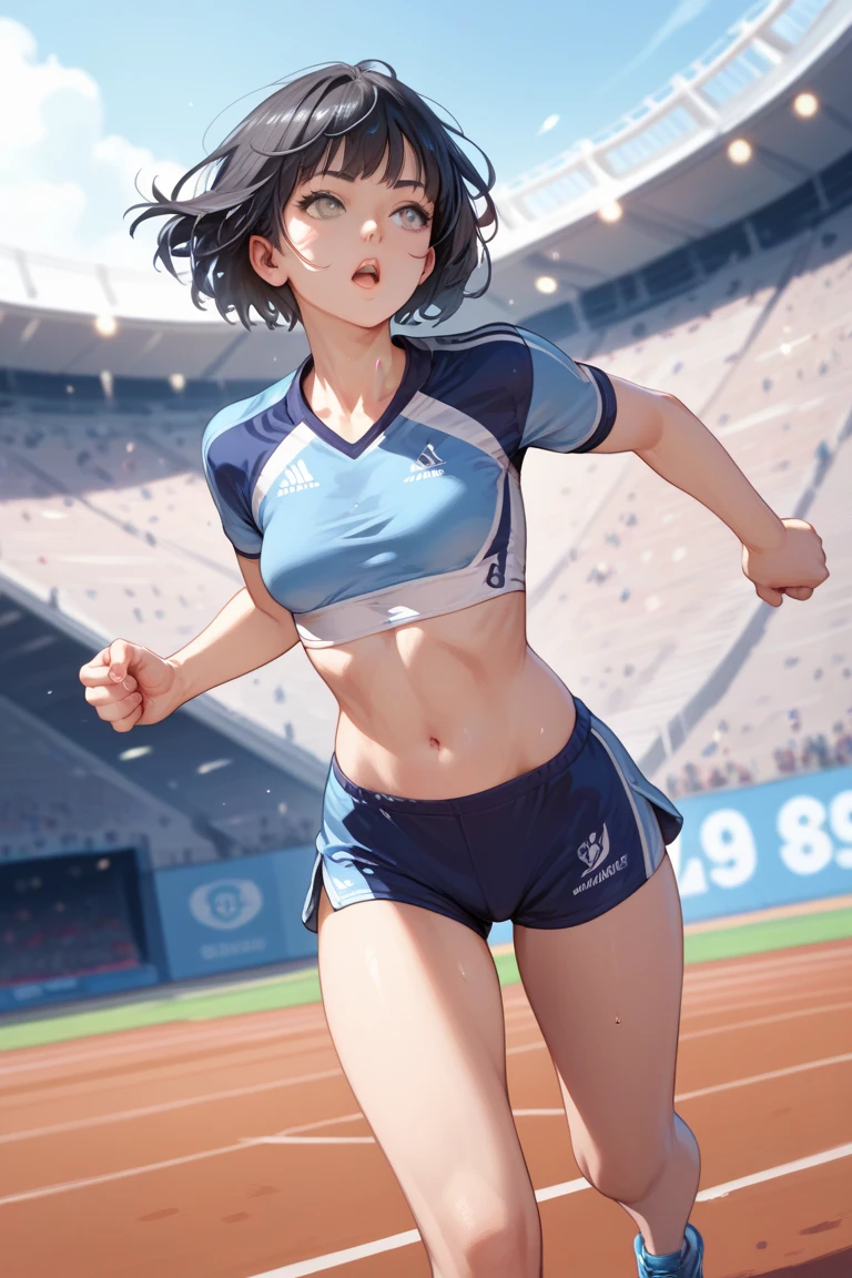 Beautiful woman running with all her might、Sexy、short hair、arena