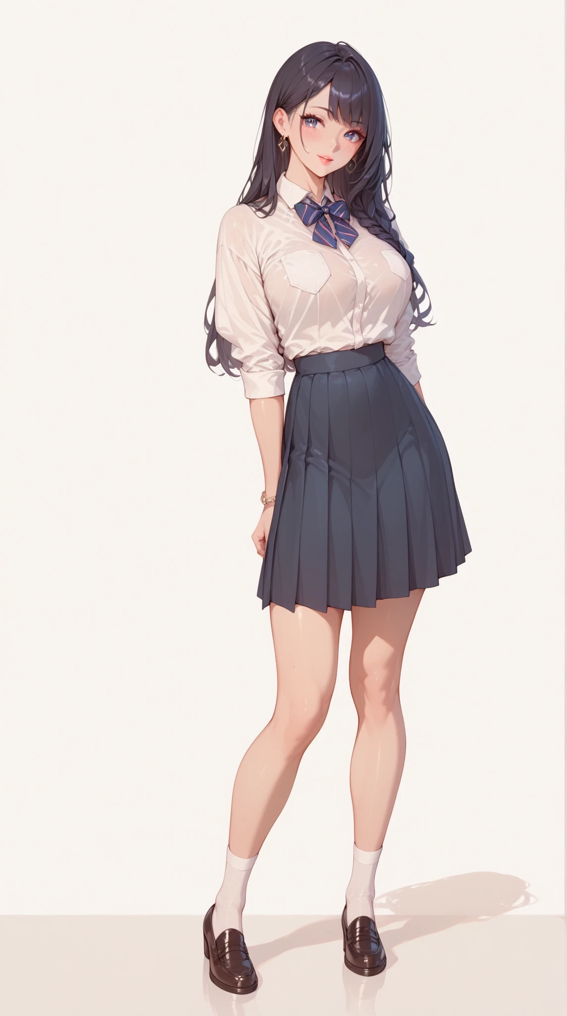 NSFW,masterpiece, Top quality , , 1 girl, arms, Solitary, length_hair, Chest当て,White_panties, Cleavage, ventral_Tattoo, Brown_hair, Weaving, Knee socks,Brown_Eye, skirt,White_skirt, Black_Knee socks, Red_skirt, separate_Lips, 前hair, Chest, skirt, cowboy_shooting,