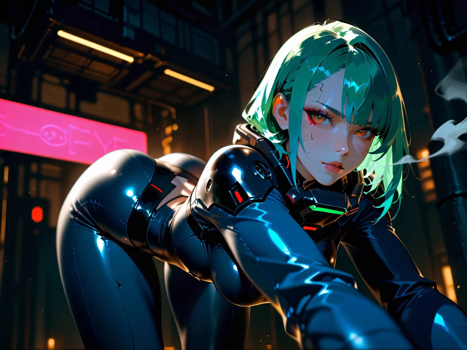 ((Best quality, 8K, Masterpiece: 1.3, 1girl, Beautiful girl)), cute, Dynamism, Detailed face, Detailed skin, detailed clothes, Detailed eyes, Detailed lips, Detailed tongue, Detailed fingers, Detailed mouth, Photorealistic, Raw photo, highres, Natural lighting, dynamic pose, perfect anatomy, toned legs, double eyelids, tear bags, round eyes, moist lips, sweaty, (cyberpunk city, cyberpunk girl), cyberpunk background, cyberpunk clothes, mechanical clothes, jewelry, accessories, hair accessories, green hair, rainbow hair, thighhighs, half closed eyes, steam:1.5, sheer, wet clothes, pixie cut, grin, short pants, close up ass, from below, looking at viewer, cum in vaginas