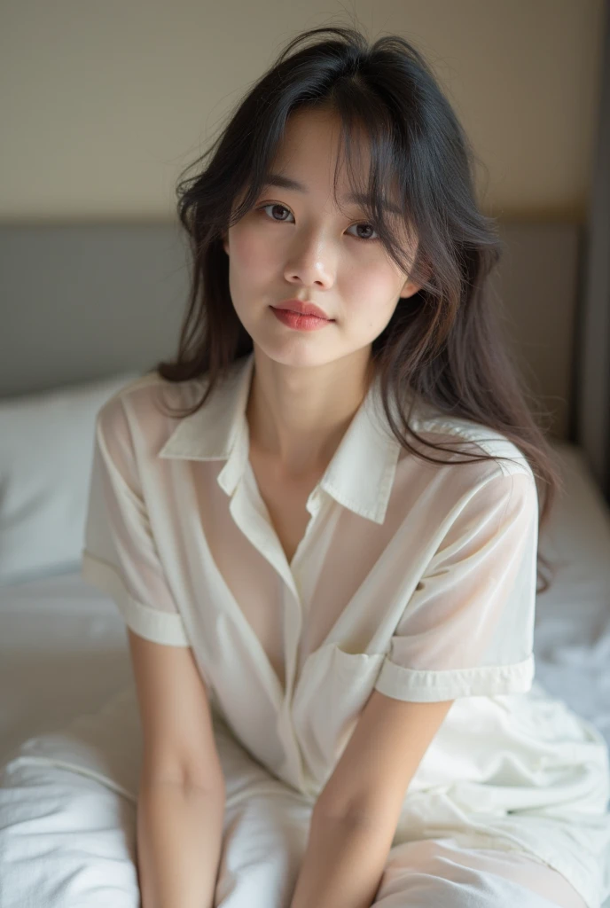 top-quality、masterpiece、hight resolution、1girl in、solo、Raw photo、Real person、Detailed skin、japanes、brawn hair、thin bunches of bangedium Hair、Curly hair、Floating hair、fullllbody,cropped shirt、White Room、catchlight
