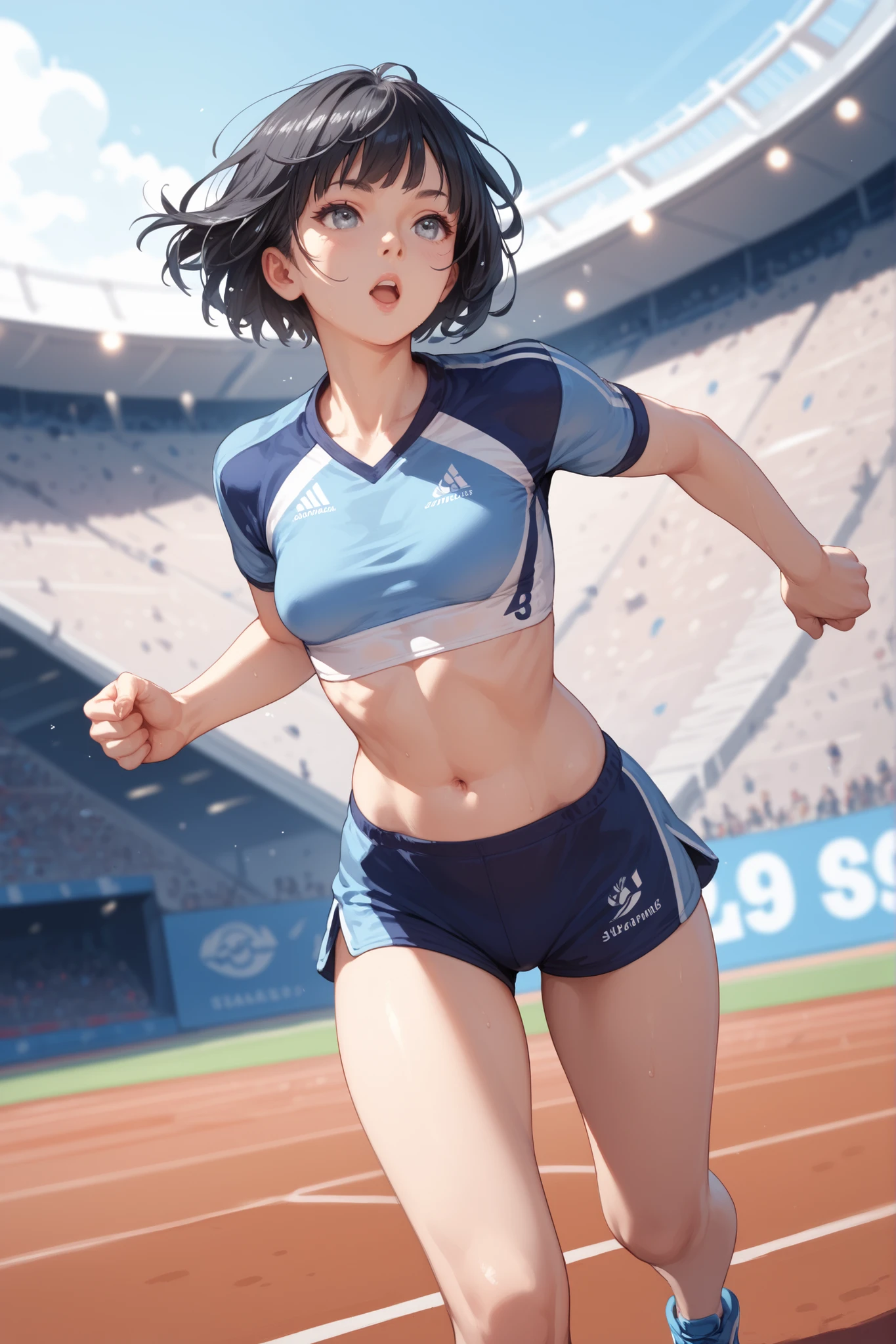 Land、athlete、arena、Beautiful woman running with all her might、backwards