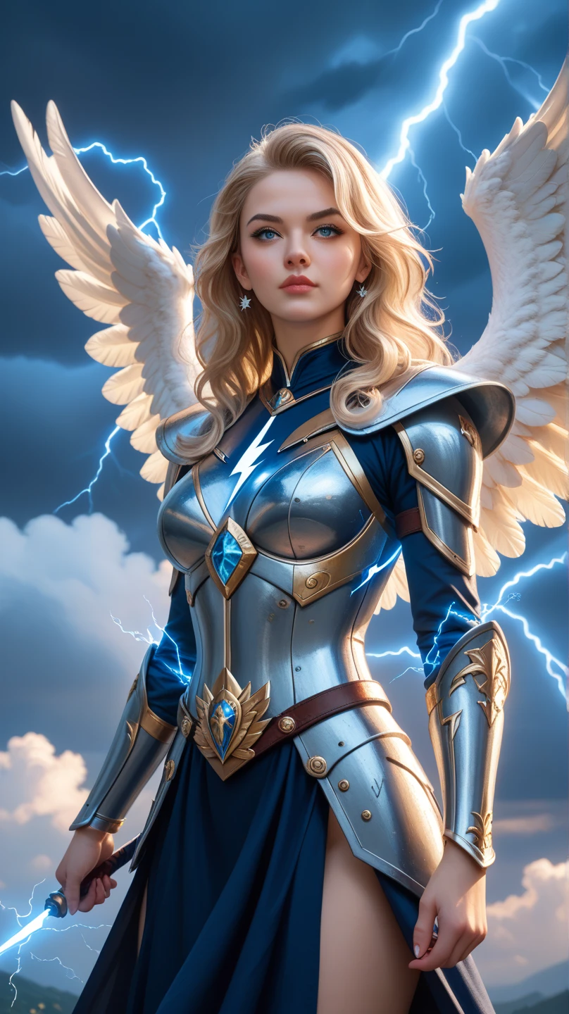 glorious victory scene,vivid colors,beautiful vintage warrior female angel,beautiful angry face,curly long hair,very big white open wings,looking to with observer,white armor with gold embroid details, dynamic angle, storm sky and lightning clouds background