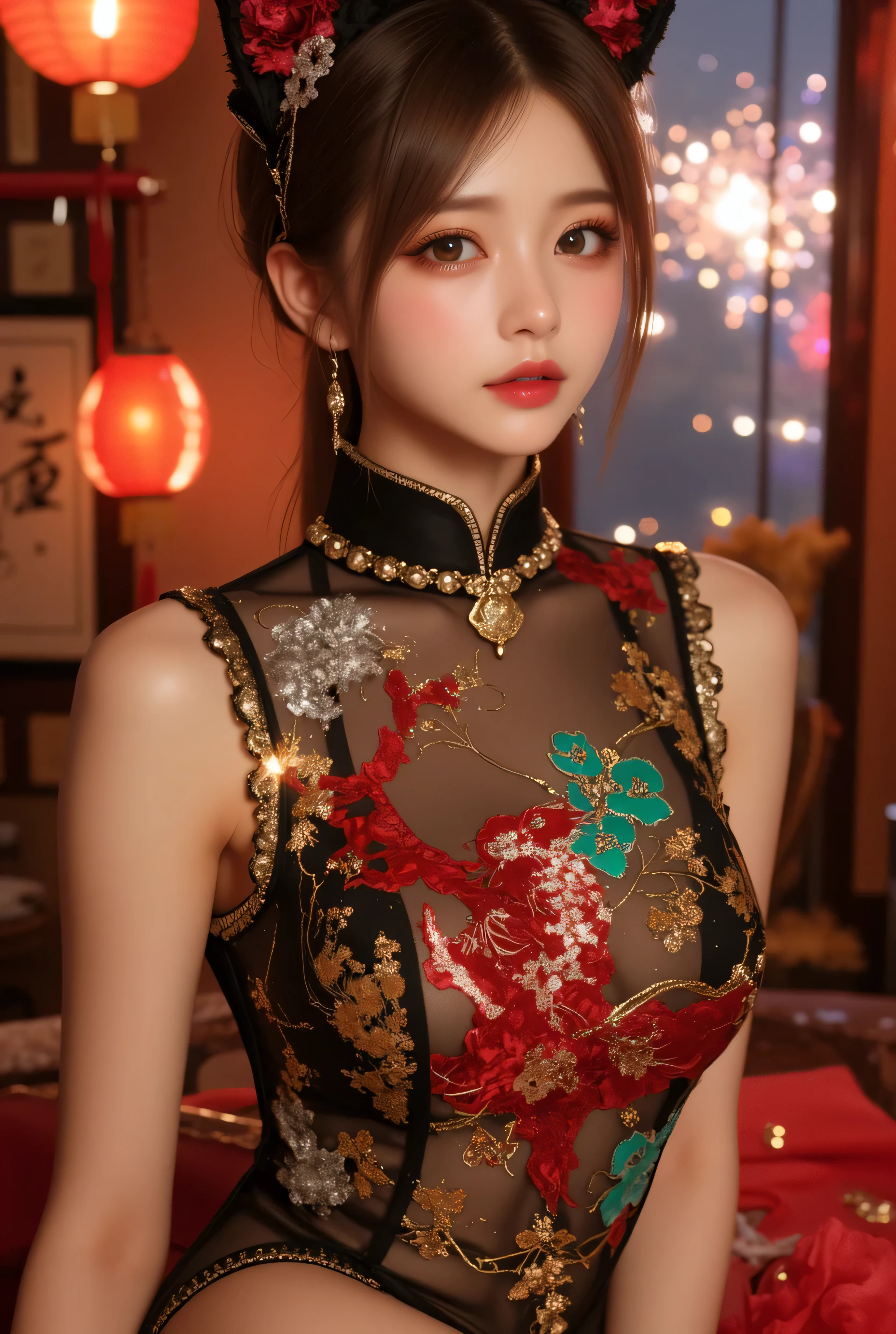 best quality, masterpiece, 16K, (raw photography, extremely detailed, ultra-high resolution, professional photo:1.2), hyper-realistic, professional lighting, (extremely detailed face, ultra-realistic skin texture:1.4), sharp focus, depth of field, (perfect body, correct anatomy:1.5), POV, (from front:1.3), expressive face, 1 girl, ((professional cosplayer:1.3)), solo, 17 years old, (cowboy shot:1.1), looking at viewer, SINGLE hair bun, black hair, glossy hair, ultra-detailed skin, shiny skin, ultra-detailed eyes, bright and dark eyes, eye shadow, hyper-realistic nose and lips, beautiful nose, glossy lips, pink lipstick, makeup, seductive smile, ((standing, posing:1.2)), ((dark red cheongsam:1.5)), (perfect body proportion:1.5), slender, beautiful breast, ((indoor, photo studio:1.3))