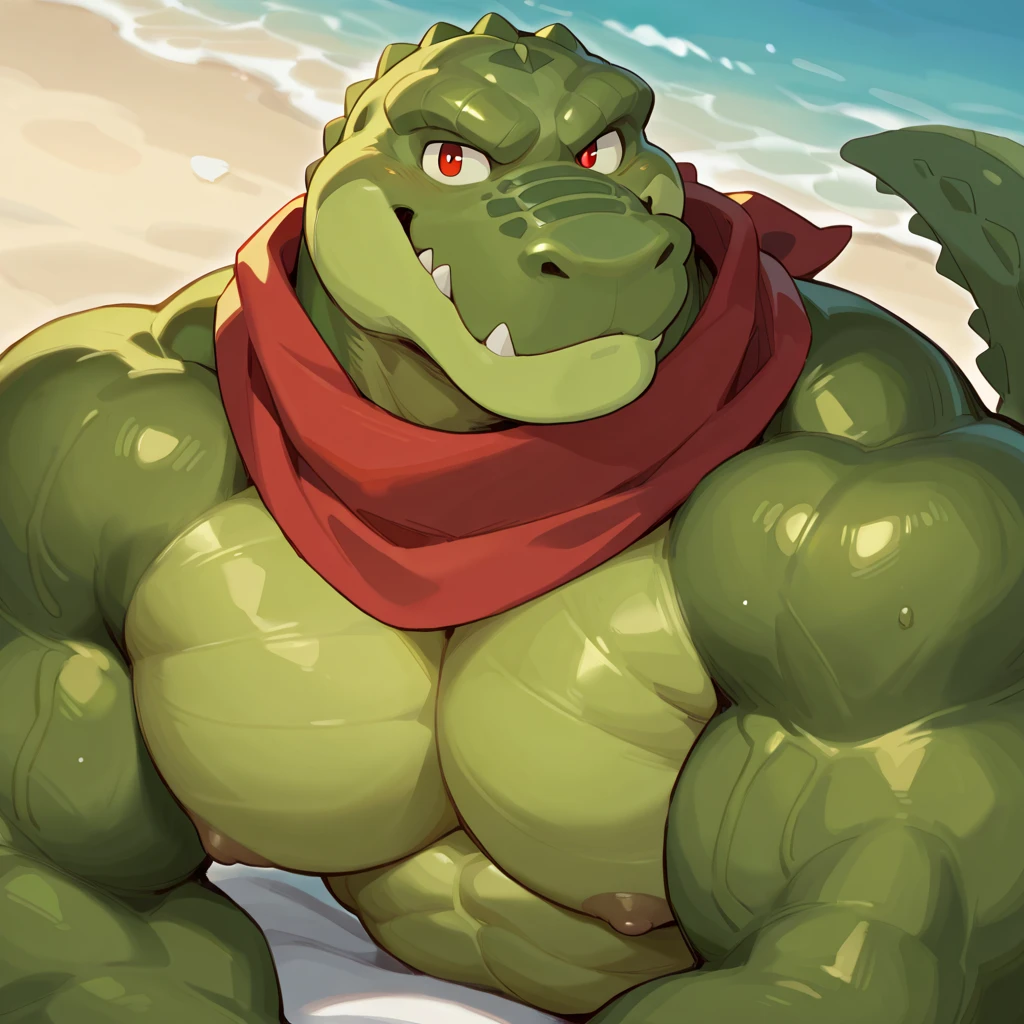 PRO competitive bodybuilder, nj5furry, (Múrloc, massive, huge, muscular), Múrloc, ((extremely realistic shadows, masterpiece, extremely detailed, photorealistic)), kemono, looking at the viewer, ((FRONT)), Múrloc, ((detailed face)) red nose, blue eyes, ((detailed eyes)), green skin, scales, height 2 meters high, the optimal height, tight clothing, 190 kg, body full of huge muscles; muscle and bulge pecs, ripped abs, V-shaped body, thick waist, long legs, strong arms manly, handsome face, attractive cool calm face type with a kindsmile, topless. Beach, night, moon, moon rays, nebula; bulge in the crotch, wears a thong that reveals huge, muscular thighs, bulge biceps, looking at viewer. (((wearing a thong))) A muscle bodybuilder in the making. A potential PRO competitive bodybuilder and bulged neck.