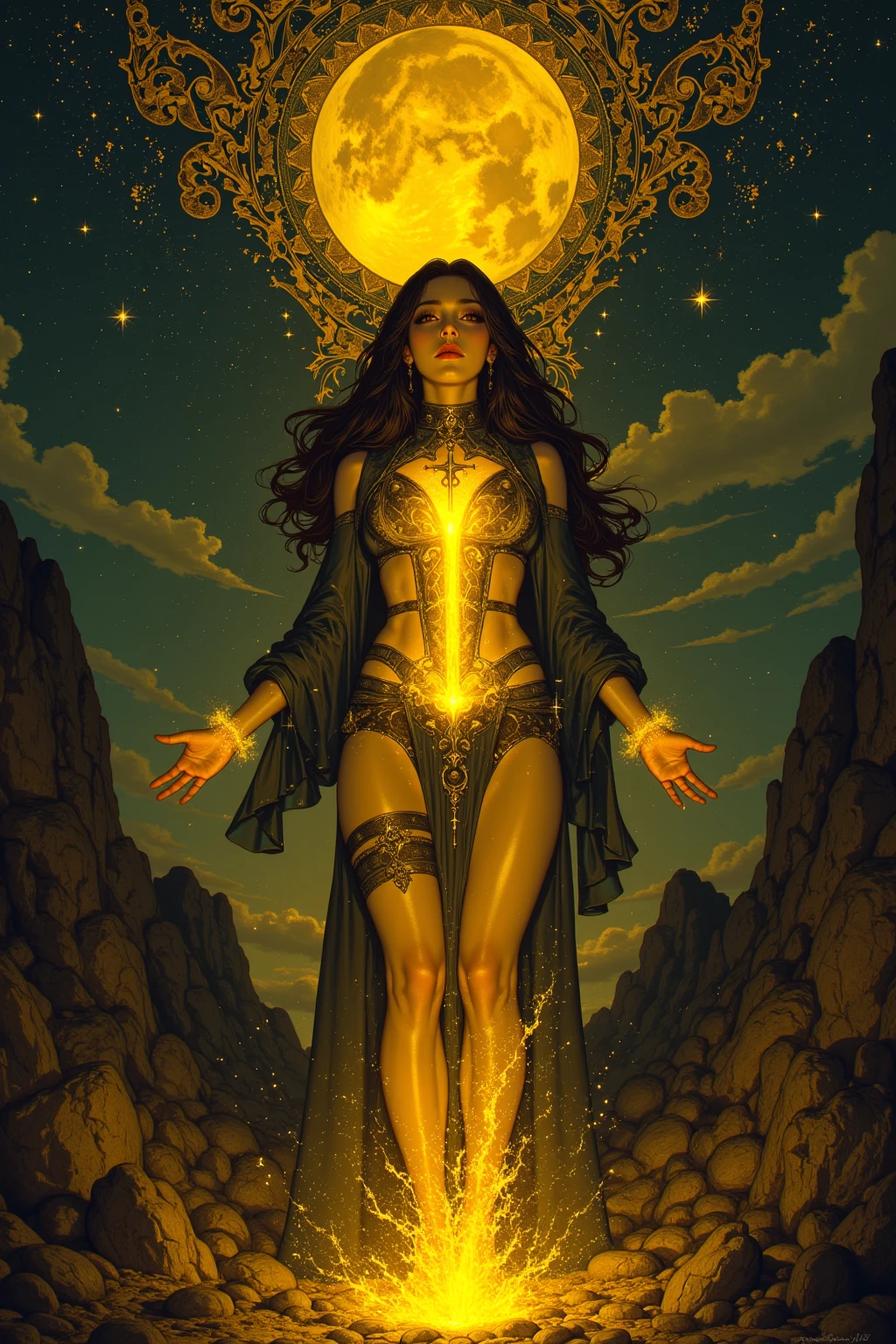 The rectangular frame of a tarot card is gold and black on its edges with curved patterns, stars and moons, the title of the card is at the bottom, also surrounded by a small gold and black frame.