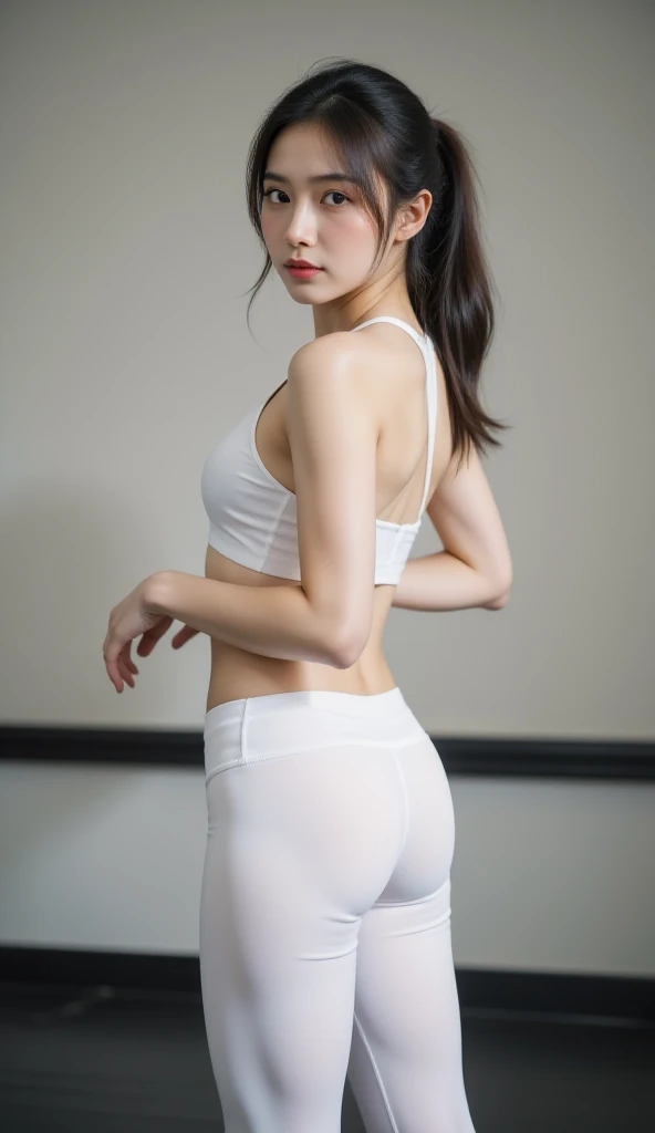 realistic, photography, raw photo, high quality, 8k resolutions, high detail, 1girl, beautiful super model, wearing sexy white top tank and leggings, standing, beautiful room background, half body, soft light,