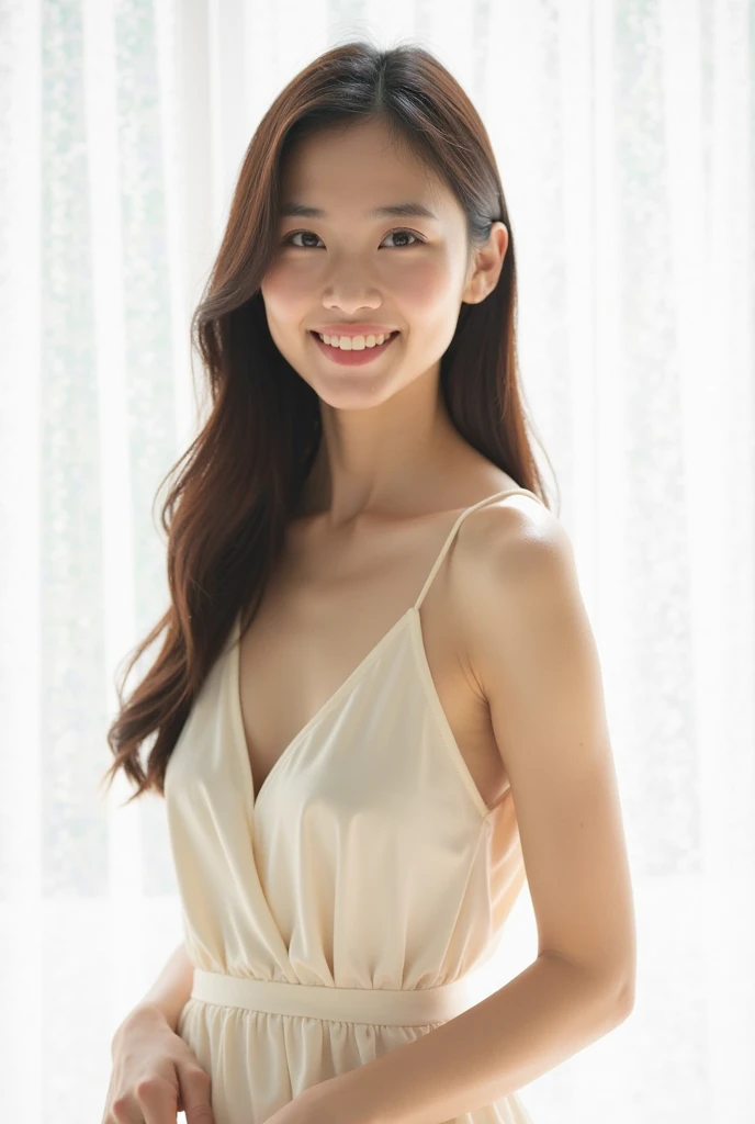 breasts, nipples, brown hair,, (masterpiece, best quality), brown eyes, (closed eyes:1.2), smile, face_focus, looking_at_viewer,