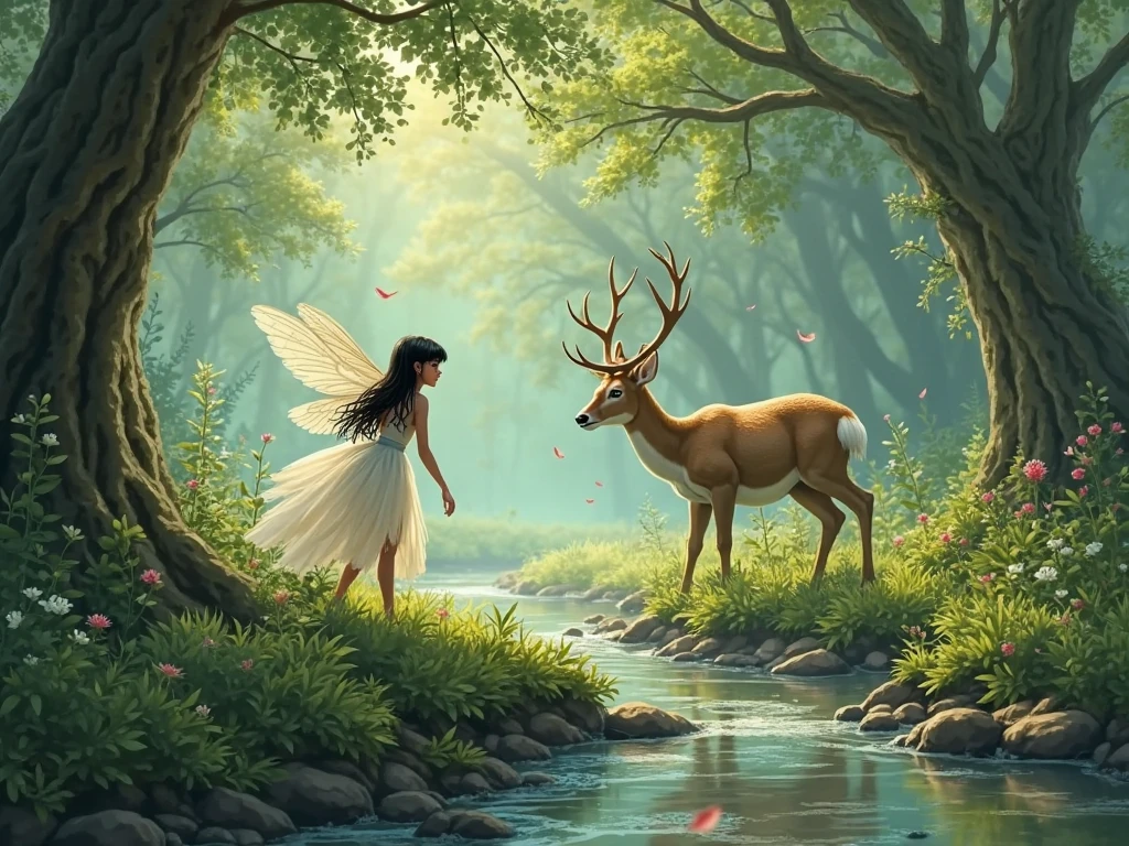 Create an illustration for a fairy tale, About a girl talking to animals