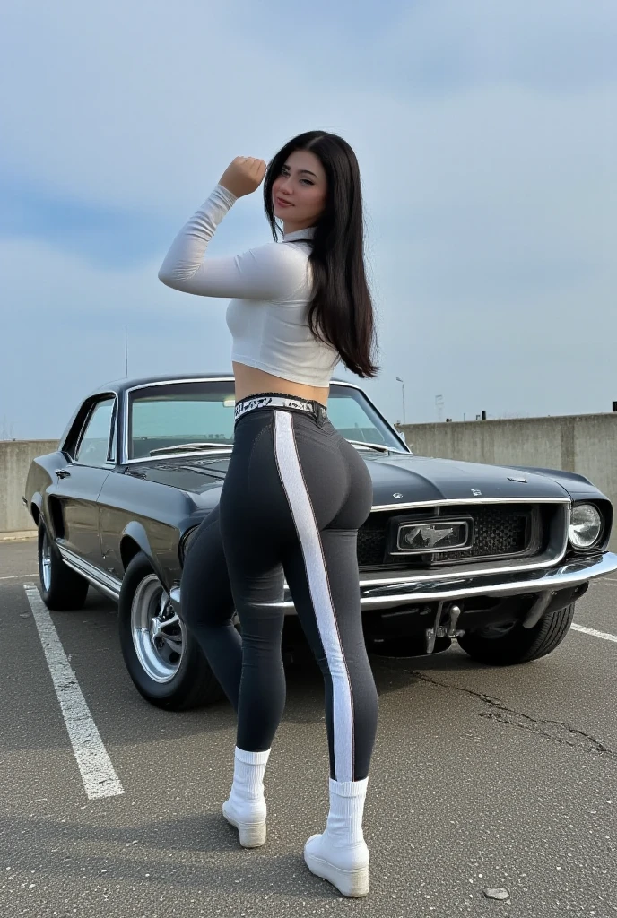 A realistic image of a white lady sitting on the bonnet of a blue dodge challenger car. She is wearing a white crop top and black leggings with high heels. Her background should be a road and paddy field. And it is heavy raining 