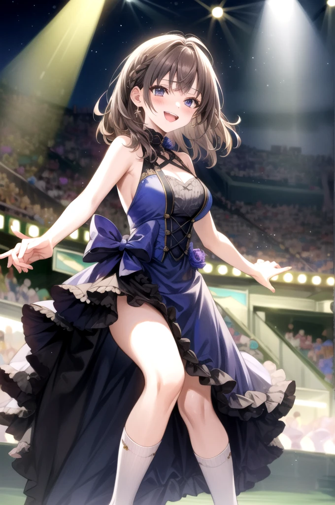 full body, dancing, dynamic pose, dynamic angle, a girl, 20 years old, long hair, light brown hair, curly hair, happy, laugh, large light blue eyes, large chest, idol costume, midriff top, mini skirt, on stage, absurdres, extremely detailed, masterpiece, high quality, wallpaper 8k CG