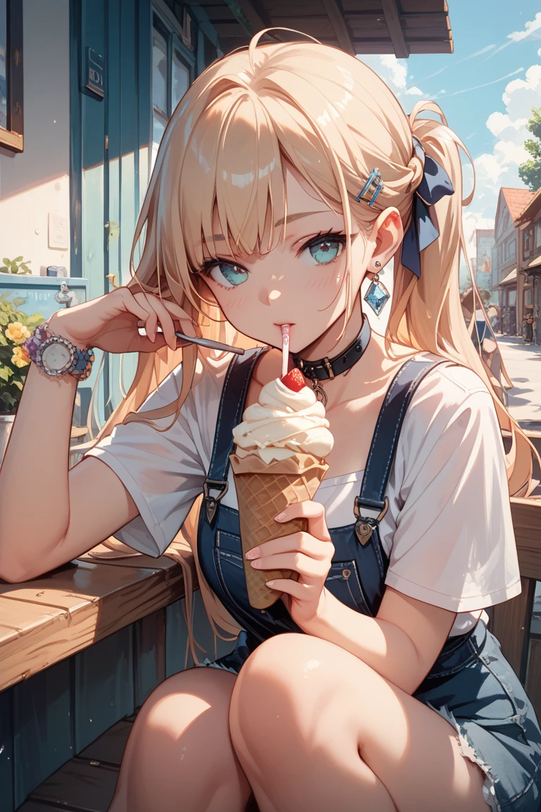 Highest quality、masterpiece、beautiful、Detailed、Age: 12、Cafeteria、dynamic pose、sit astride、open legs、in heat、(covered erectile nipples:0.6)、Taking a bite of melting soft serve ice cream、(Cream on thighs:1.4)、cream on スカート、wearing スカート