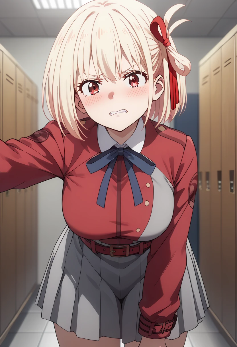 chisato nishikigi, short hair, bangs, Blonde, (Red eyes:1.5), hair ribbon, One side up, Bobcut, break shirt, Long sleeve, dress, ribbon, White shirt, Collared shirt, belt, neck ribbon, red dress, blue ribbon, pleated dress, grey dress, two-tone dress, red belt, uniform, break outdoors, city, break looking at viewer, (Cowboy Shot:1.5), break (masterpiece:1.2), Highest quality, High resolution, unity 8k wallpaper, (figure:0.8), (Beautiful attention to detail:1.6), Highly detailed face, Perfect lighting, Highly detailed CG, (Perfect hands, Perfect Anatomy),troubled, panic,((blush))、((Open your mouth))、(((Desperate face))),(pose squating),((Wet crotch)), (((Peeing)))、Touching the groin、((Be incontinent))),I want to pee、Pinch the crotch with your hands, crumples the hem of the skirt with his hands, Spread your legs、bladder full, terribly wants to go to the toilet, Anatomically correct,sitting、squating、looking down、look at the viewer、from below