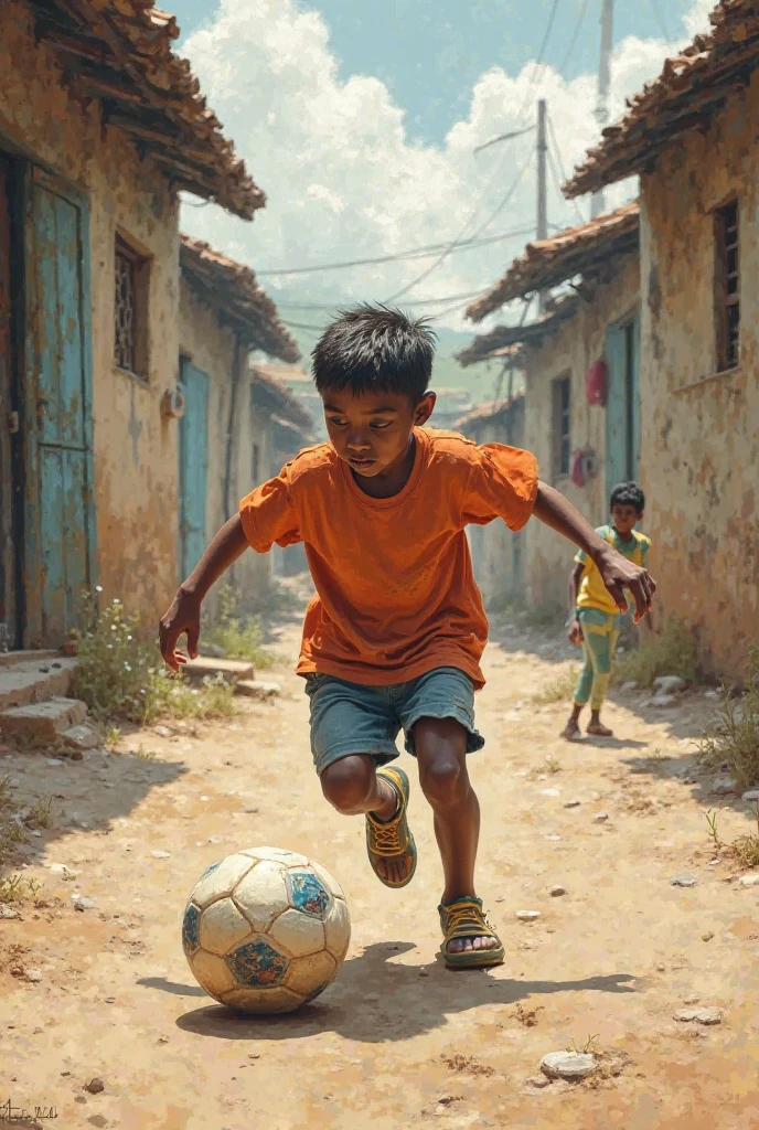 poor boy playing soccer