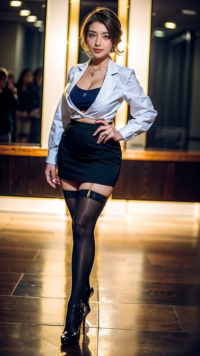,(full body:1.5),(((only one girl)):1.4),(view the viewer:1.4),((anatomy correct):1.45),(((dancing in the night club, Perfectly integrated background))):1.3),(she wears large glasses and Holding bra & pantie in her hand:1.2),(shy:1.15),(stocking set):1.2),(((((((patterns)))))) ,((thick pantyhose)):1.3),(high heels leather shoes:1.1),((Long legs and large chest):1.3),((((colorful))):1.4),(Accurate and perfect face:1.3),((black short hair):1.2),hyper HD, Ray traching, reflective light, structurally correct, Award-Awarded, high detail, lighten shade contrast, Face lighting ,cinematic lighting, masterpiece, super detailing, high quality, high detail, best quality, 16k,High contrast,
