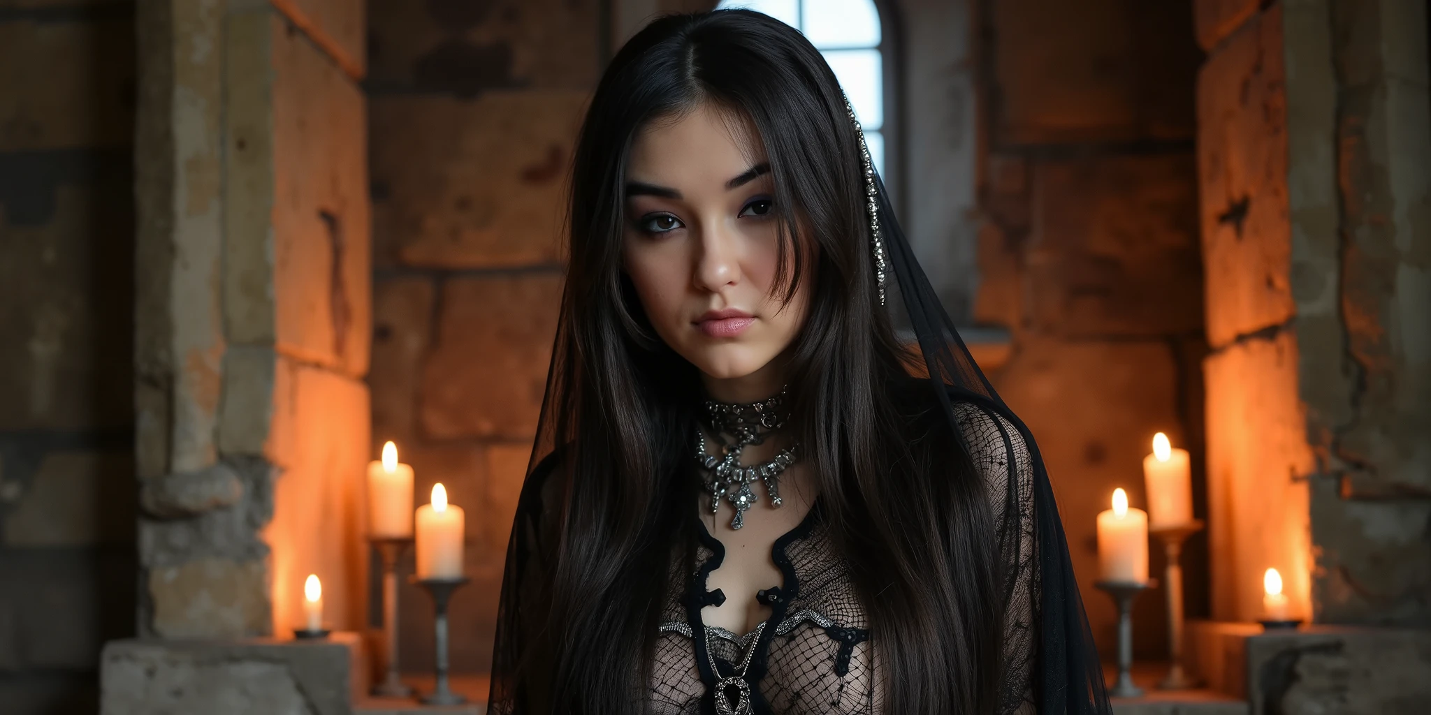 Colorful alcohol ink painting. Full body image of a female 18 year old stunning Korean, wearing a torn lace bodysuit with silver buckles and a long black lace veil and ritualistic silver jewellery in a dark medieval castle enlightened with burning candles.