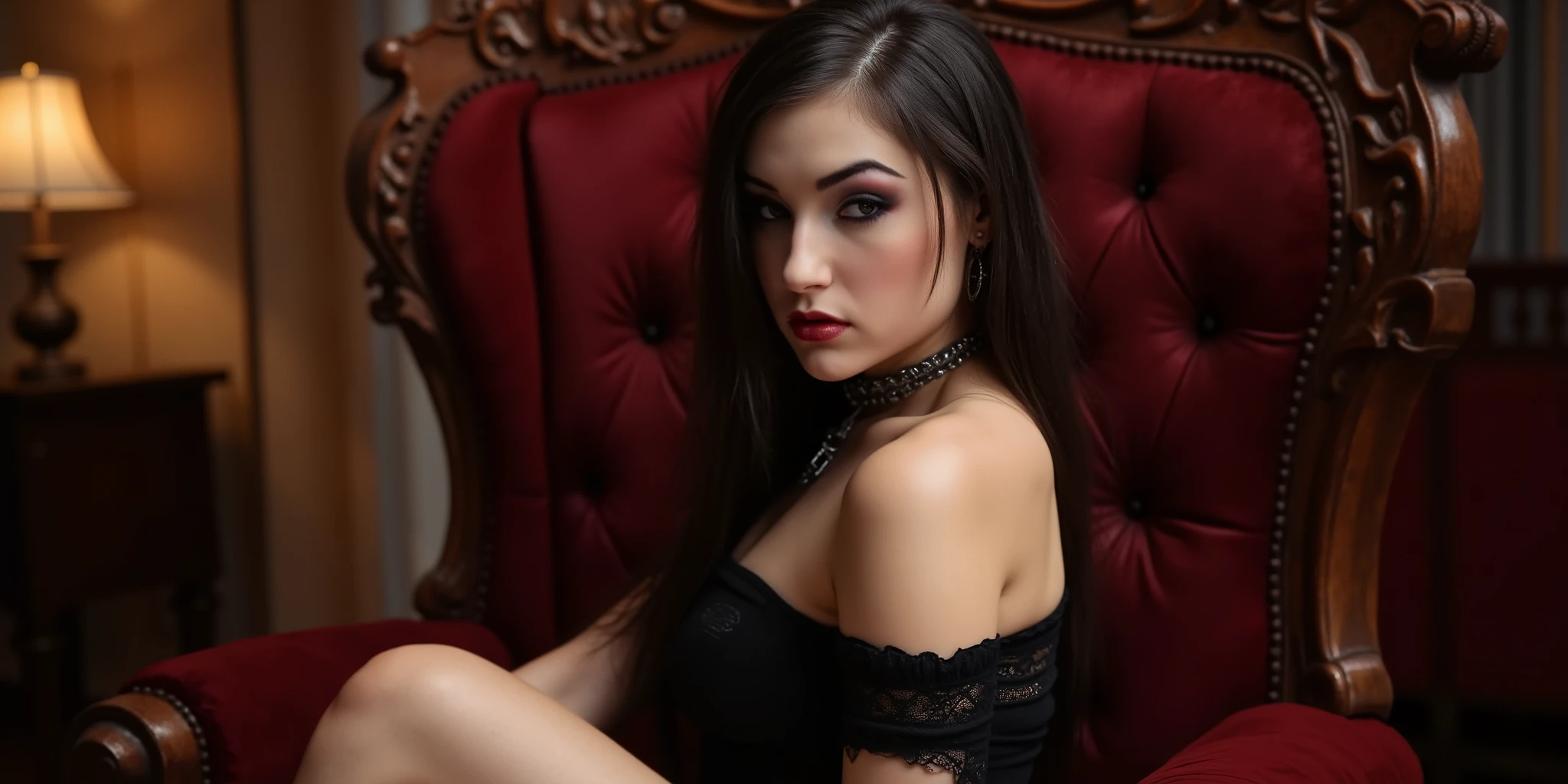(Photorealistic realism 16K quality), ((ultra insanel quality 16K, professional digital art:1.2)), ((focus sharp on extremely Realistic Proportion Body, Anatomically Correct:1.2)), dress a beautiful girl with a perfect figure, ((latex)), jewelry, ((((chains, chainmail)))), bracelets, pendants, earring,(detailed cozy room:1.4), (Super beautiful detailed face:1.35)、((ultra absurd quality extremely detailed detail ultra resolution, clear sharp focus, not blurry, (Realistic eyes)))、(super Detailed nose:1.1)、 Attention to detail, Double eyelids, Wear an off-shoulder top, (initimate photoshoot), ((High Contrast)), long legs, ((layer cut: 1.2)), ((no_Panties)), ((Exposing thighs)), (Erotic:1.6), (((black skirt (tinyskirt:1.37), no_panties, curvy))), (rich including decorative embroidery:1.29), ((red epic lace:1.39)), (sharp focus), ((very intricate details design of epic outfit:1.4). realistic skin texture. visible colar bone, visible jawline, visible rip cage. photorrealistic. seductively opened glossy crimson lips. dark glossy goth makeup. facing the viewer. looking with lust into the viewers eyes. horny face expression. firm fake round breasts. choker. sitting upright with legs spread on a chair, thigh gap, open seductive mouth with lips seductively opened, legs spread, worshipping her master, manspreading, hands behind back, hands not visible,feet obscured and not visible