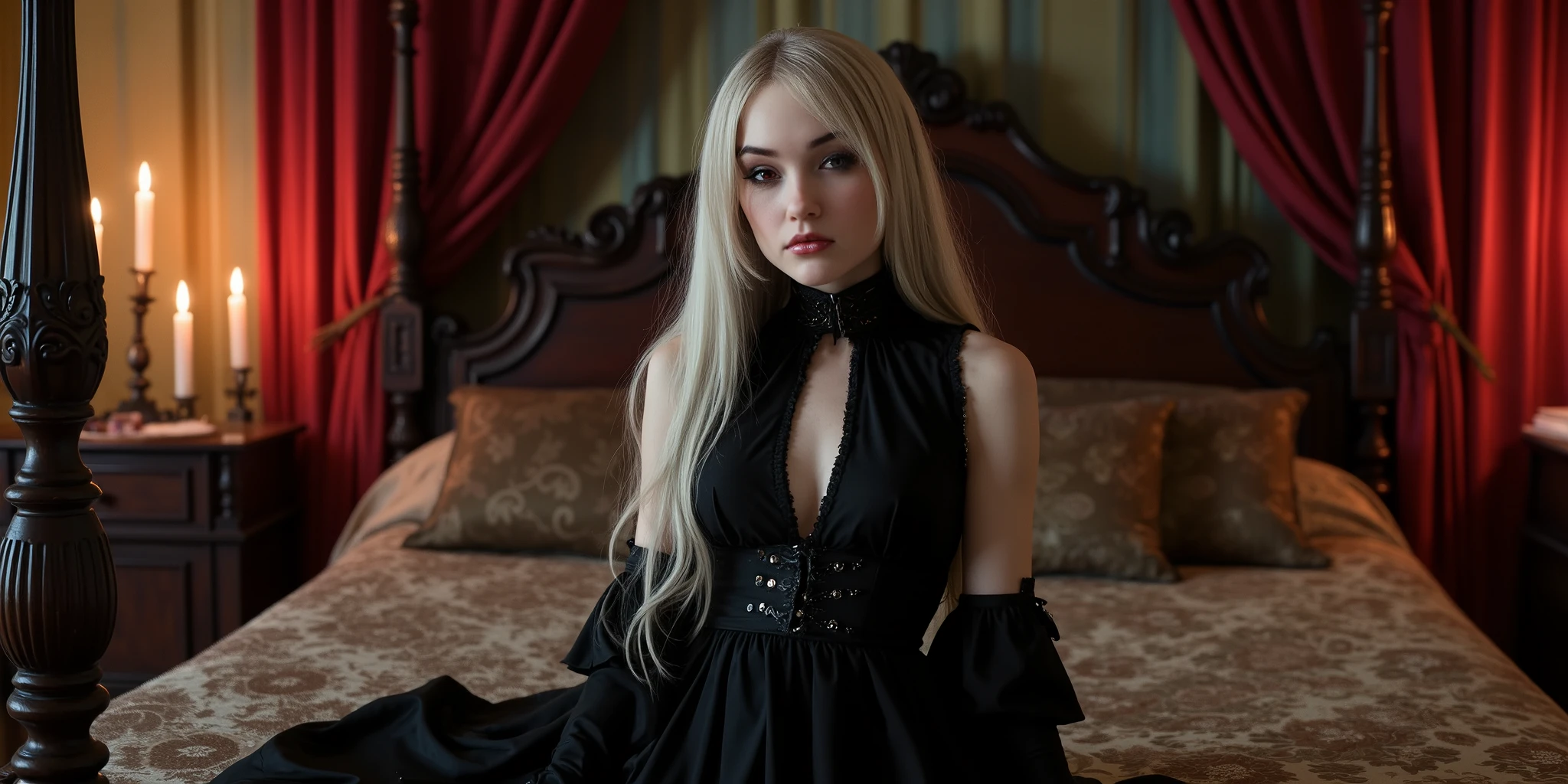 Create an image of a young gothic aristocrat, with red eyes, blond silver and very long victorian curls hair style, pretty like a doll, long and thin waste, full body image, sittin on her gothic bed.