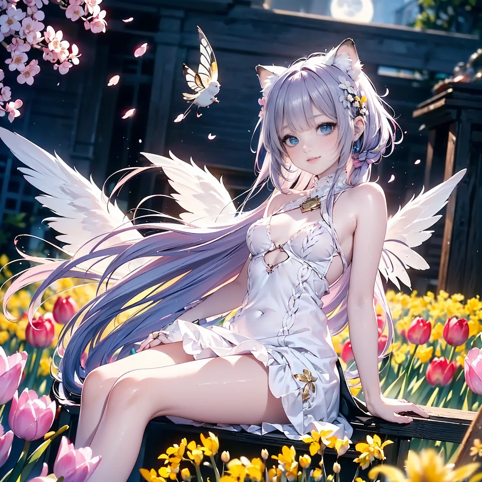 Furry silver-white animal ears adorn this adorable character，This 8k HDR image is rendered in the best quality。She is petite and delicate，Sit sideways on the edge of the waterfall, Sharp eyes look ahead。She wore white stockings，She is as beautiful as an angel，This adds to their innocence in a two-dimensional world
