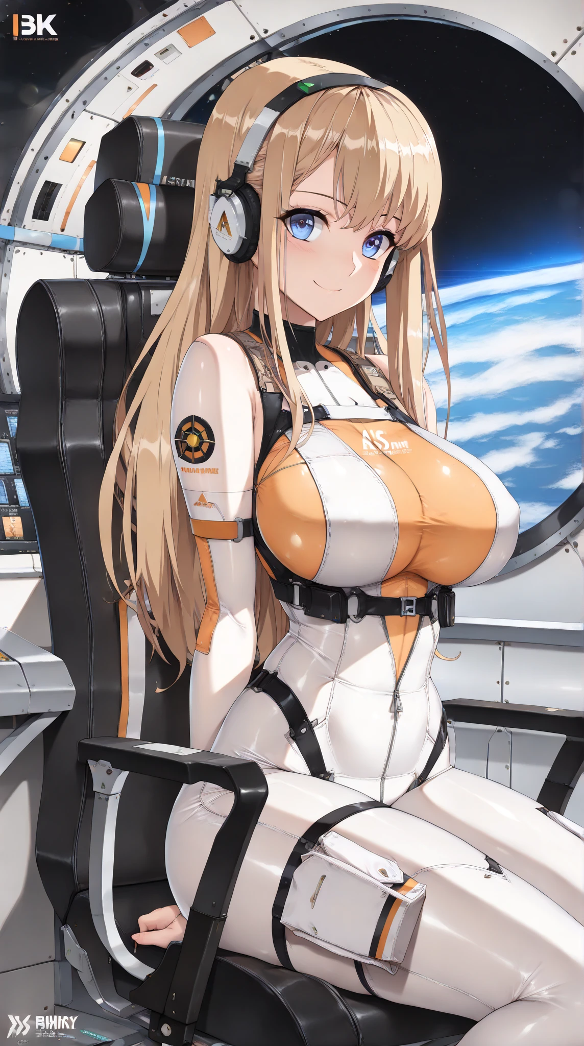 (8K、4K、highest quality、High resolution: 1.2)、brown long hair、white calvin klein underwear、white calvin klein thong、big breasts、High leg、Sit in the cockpit、MS cockpit