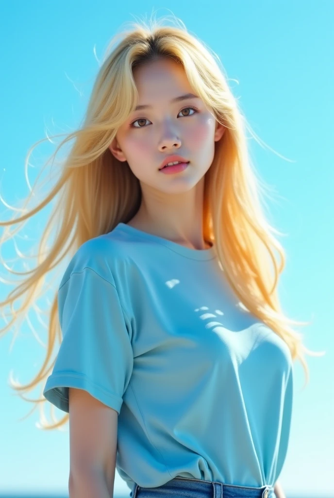 (8K, RAW Photo, Best Quality, Masterpiece: 1.3), (Real, Photo: 1.37), (Gazing at the Camera: 1.5), (Blonde), Pose, Beach, Morning Landscape, Sunrise, Clear Sky, 1 Woman, Very Beautiful Little Face, Put Your Hands Down, Pony Hair, Weight Hair, Fluffy Hair, Shoulder Length, Straight Hair, Random Expressions, Smile Around Your Mouth, Big Eyes (T-shirt, Round Collar, Short Sleeves, Untransparent Color, Shirt Color), Mix4, No Hair Accessories, Best Quality Hair, Dramatic, Shot with Hasselblad Camera
