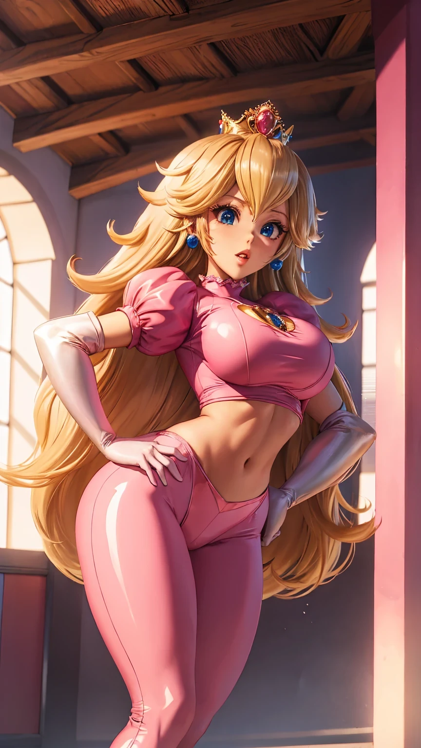 wavy blonde hair, pink highlights,pink thick lips, beautiful long legs, glowing skin, goofy smile,twintail, white bodysuit,((bodysuit with gold details)), gloves, golden neckline,full body standing,strapless dress,((heart shaped neck necklace)),city at night, on top of a building, watching like a hero,{((golden details throughout the costume))},
