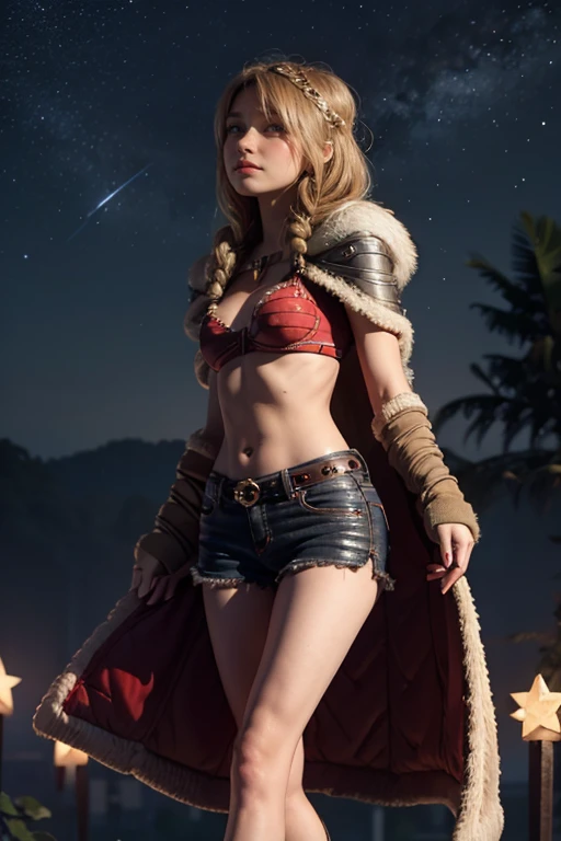 une femme de 25 ans, guerrière viking, leather bra and skirt, tatouage viking, dans un fjord, de nuit, stars, Milky Way