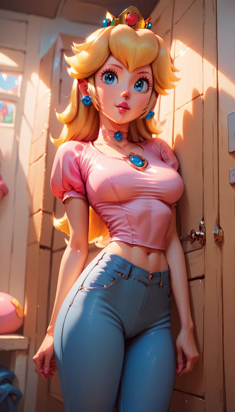 Princess Peach, blue jeans, tight fit, jean button open, sexy pink top, changing room,