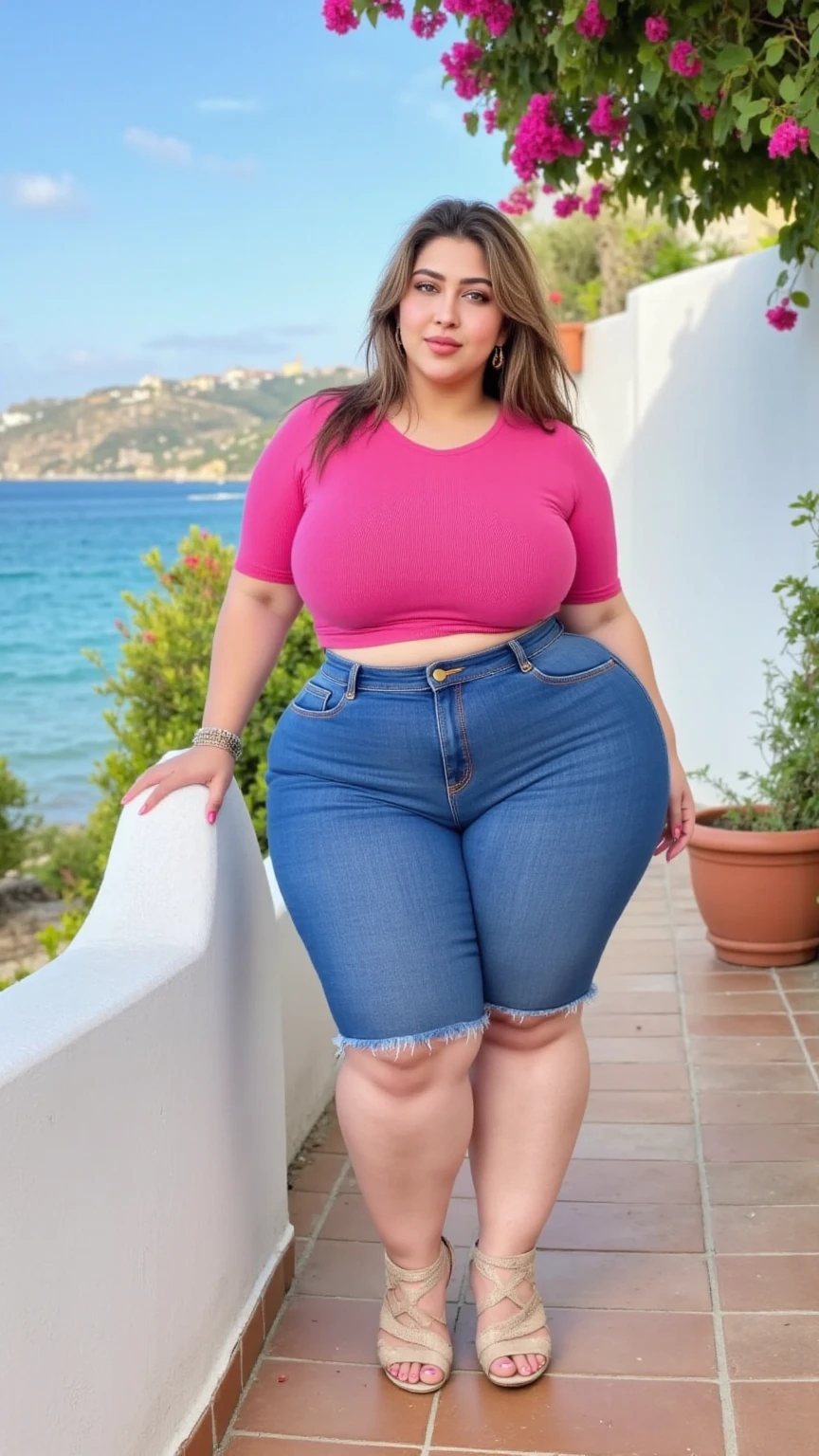 Indian gorgeous curvy plus size actress madhubala, glowing eyes, wearing SHEIN EZwear Women's Lace Patchwork Summer Casual Cami Top And Shorts Color: Pink, parted lips, thick thighs, bigger waist, busty, curvy plus size body, full body, full body shot, head to toe view, hourglass body, curvy plus size body, smile face, bigger waist, busty, big hips, fleshy thighs, thick thighs, busty, full body view, Cinque Terre, Italy: Colorful seaside villages perched on cliffs with beautiful ocean views.