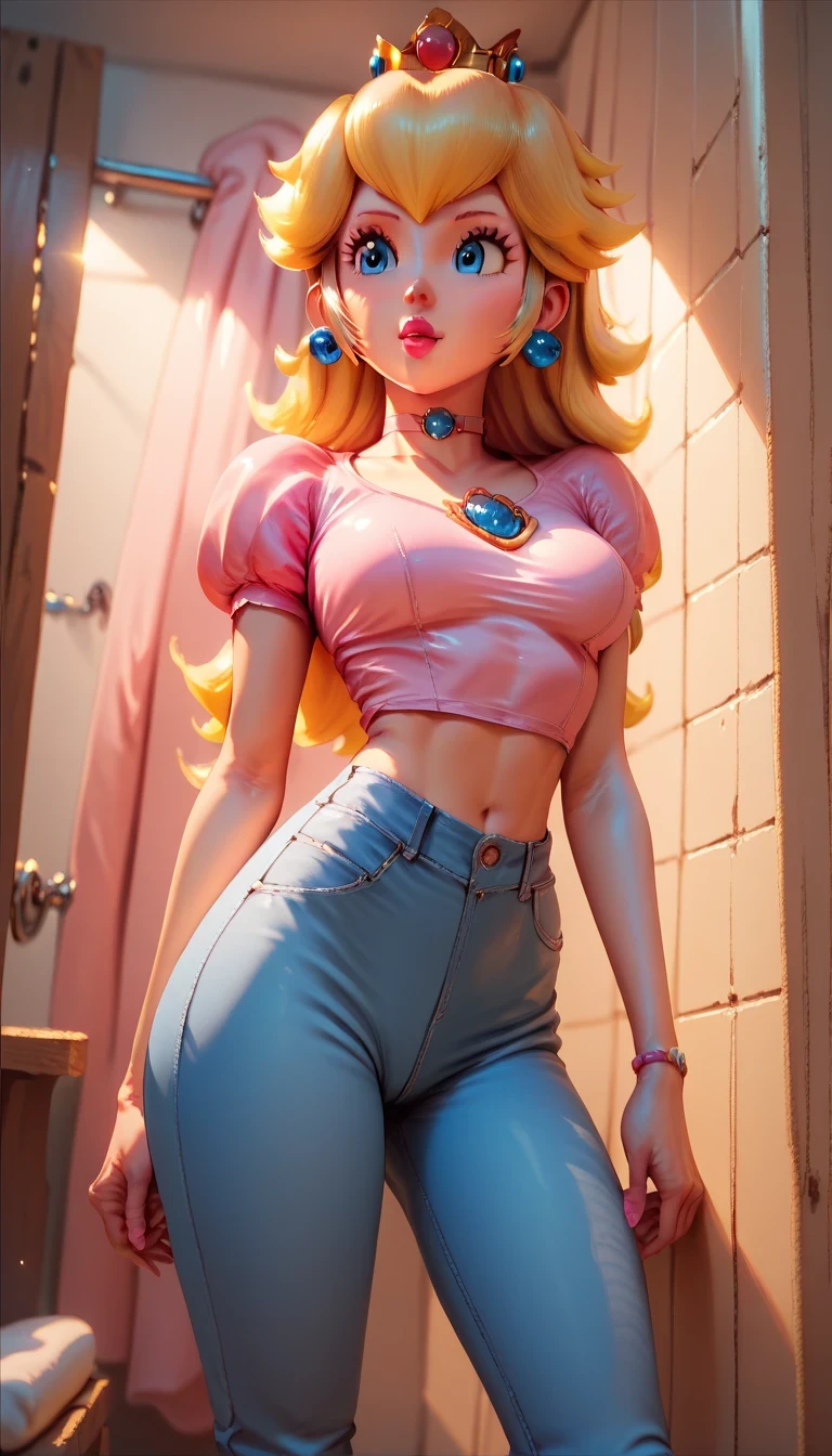 Princess Peach, blue jeans, tight fit, jean button open, sexy pink top, changing room,